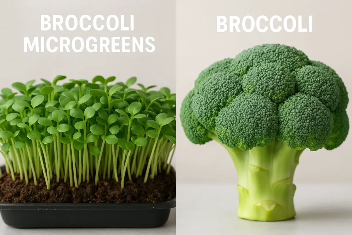 cruciferous microgreens and cancer Side-by-side comparison of broccoli microgreens growing in soil on the left and a mature broccoli head on the right, with bold labels "BROCCOLI MICROGREENS" and "BROCCOLI" at the top.