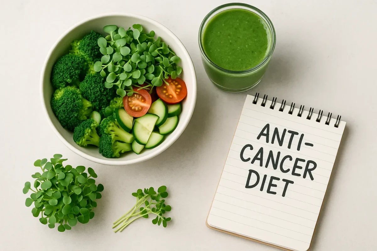 cruciferous microgreens and cancer Flat lay of a healthy meal promoting an anti-cancer diet, featuring a bowl of broccoli, cucumber, cherry tomatoes, and microgreens, alongside a green smoothie and a notepad with the handwritten text "ANTI-CANCER DIET".