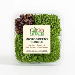 Close-up of all four microgreens in bundle Alt text: “Fresh microgreens variety bundle – Sunflower, Radish, Broccoli, Pea Shoots”