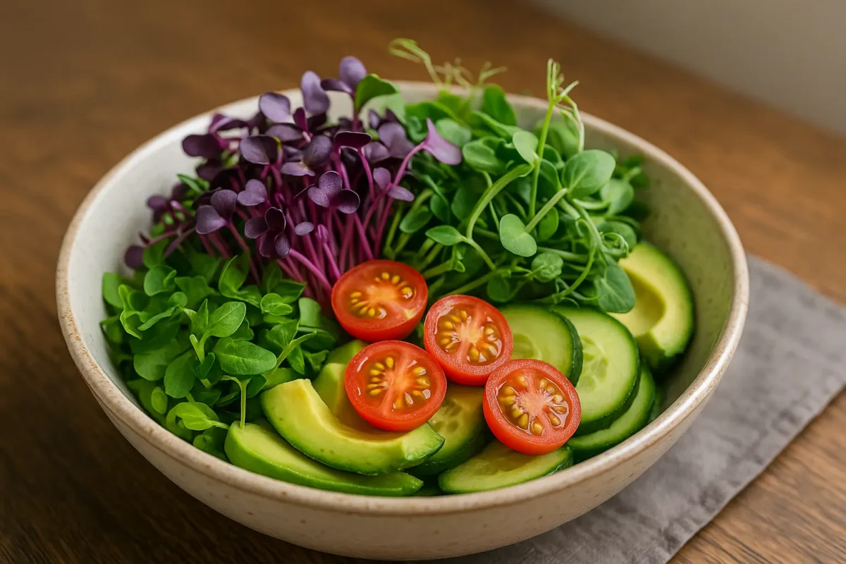 A colourful salad bowl with cherry tomatoes, avocado, cucumber, and fresh microgreens including radish, broccoli, pea shoots, and sunflower greens
