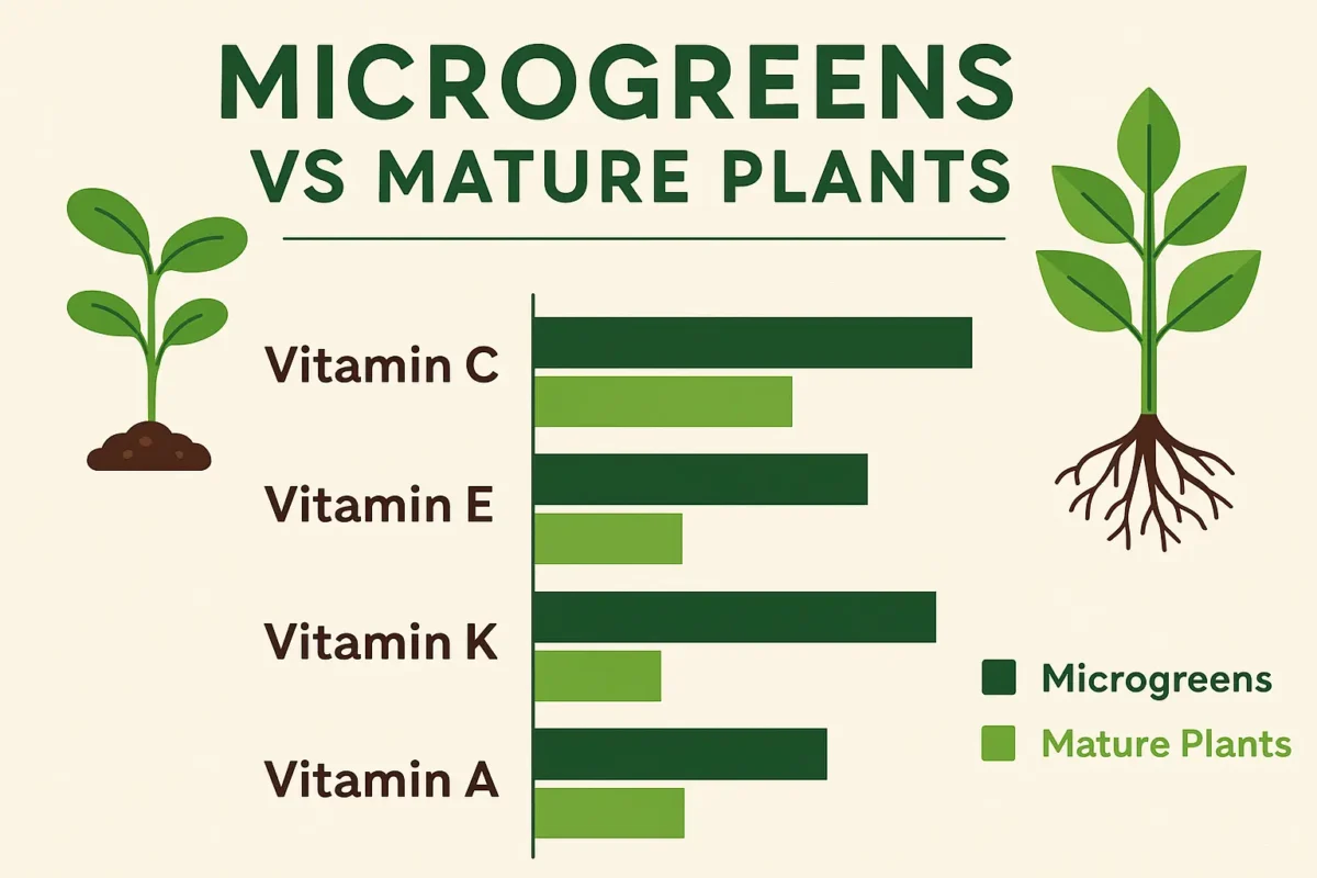 health benefits of eating microgreens Infographic bar chart comparing vitamin levels in microgreens versus mature plants. Microgreens show higher levels of Vitamin C, E, K, and A compared to mature plants.