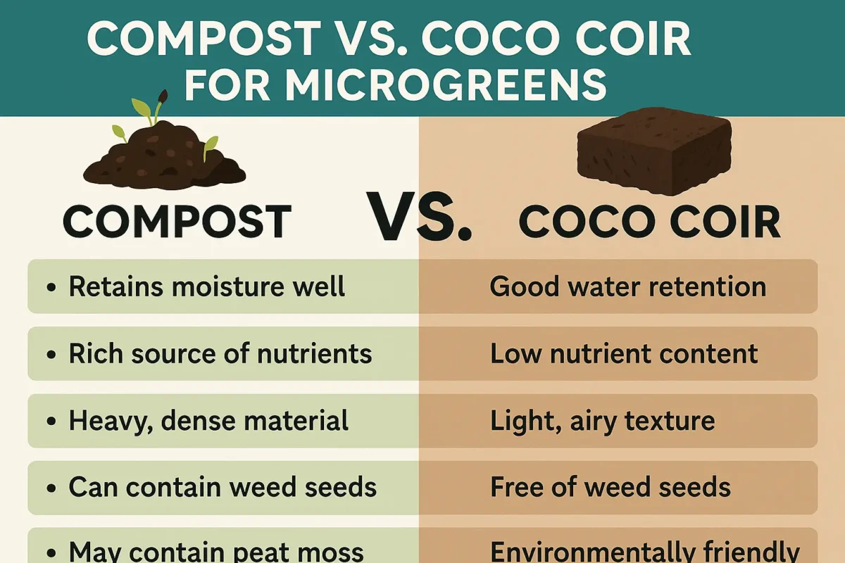 common microgreens growing mistakes Infographic comparing compost and coco coir as growing mediums for microgreens, highlighting differences in moisture retention, nutrient content, weight, and environmental impact.
