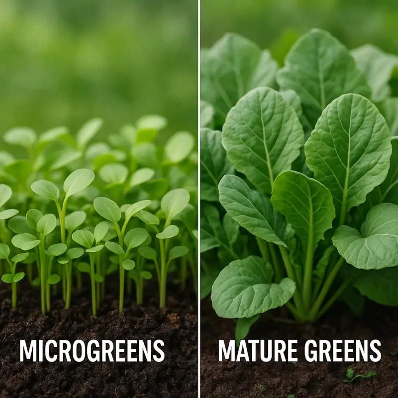 Microgreens and Chronic Illness Side-by-side photo comparing microgreens and mature greens growing in soil, highlighting the difference in size and growth stage.