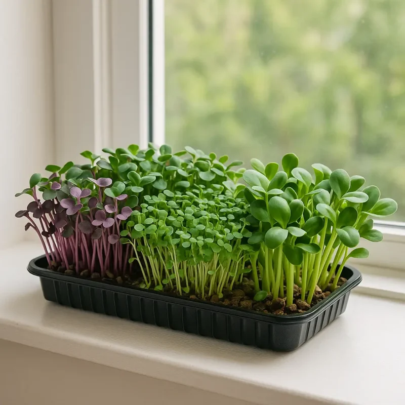 microgreens vs vegetables Tray of colourful microgreens, including red cabbage, broccoli, and sunflower, growing on a windowsill with natural light in the background.