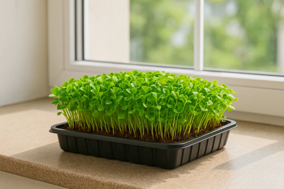 how to grow microgreens A tray of vibrant green microgreens growing on a windowsill, soaking up natural sunlight through a bright window.